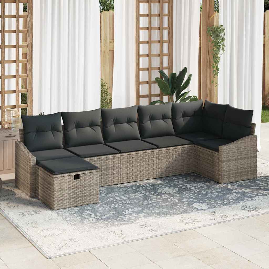 Garten-Sofa-Set mit Kissen 7 pcs Grau Poly Rattan