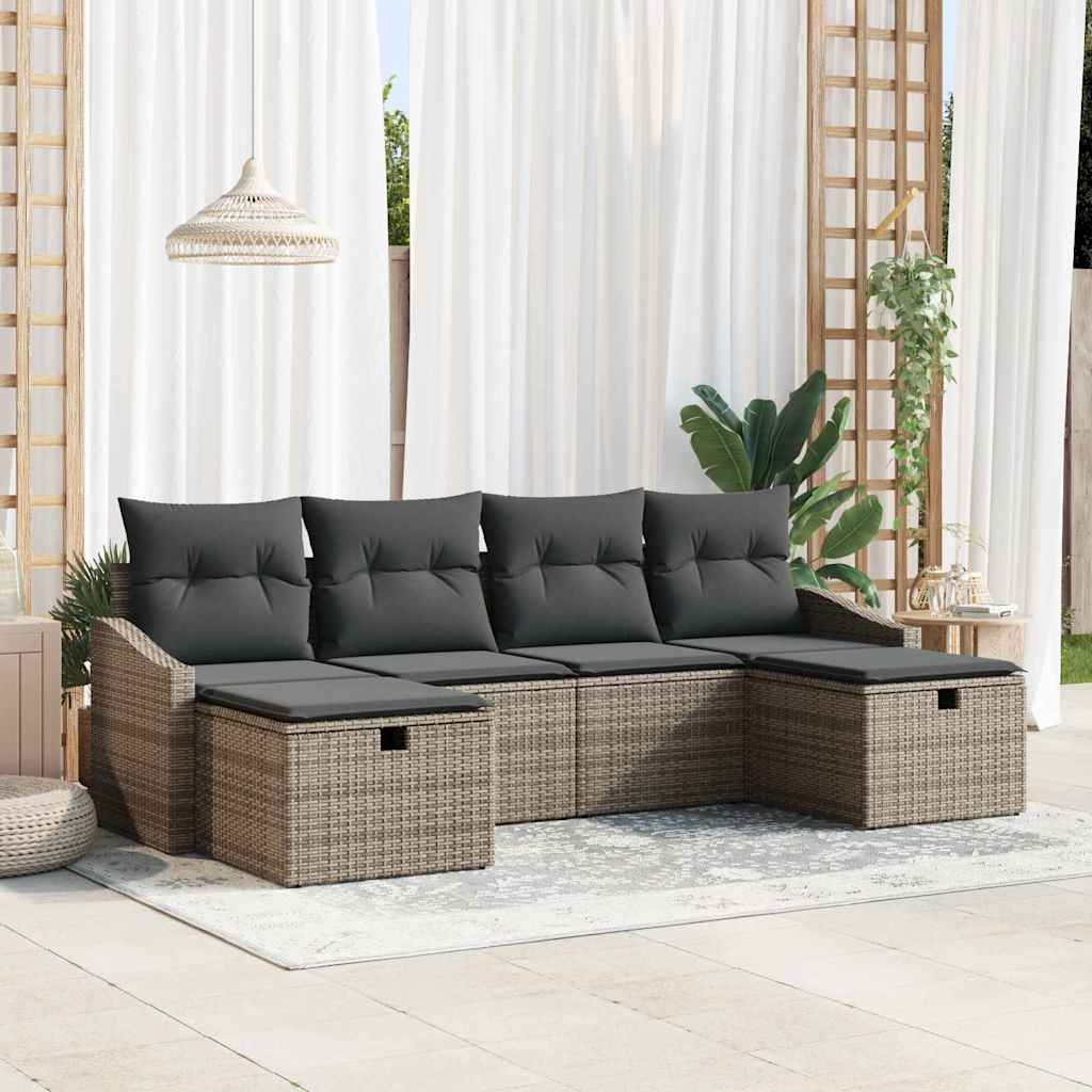 Garten-Sofa-Set mit Kissen 6 pcs Grau Poly Rattan