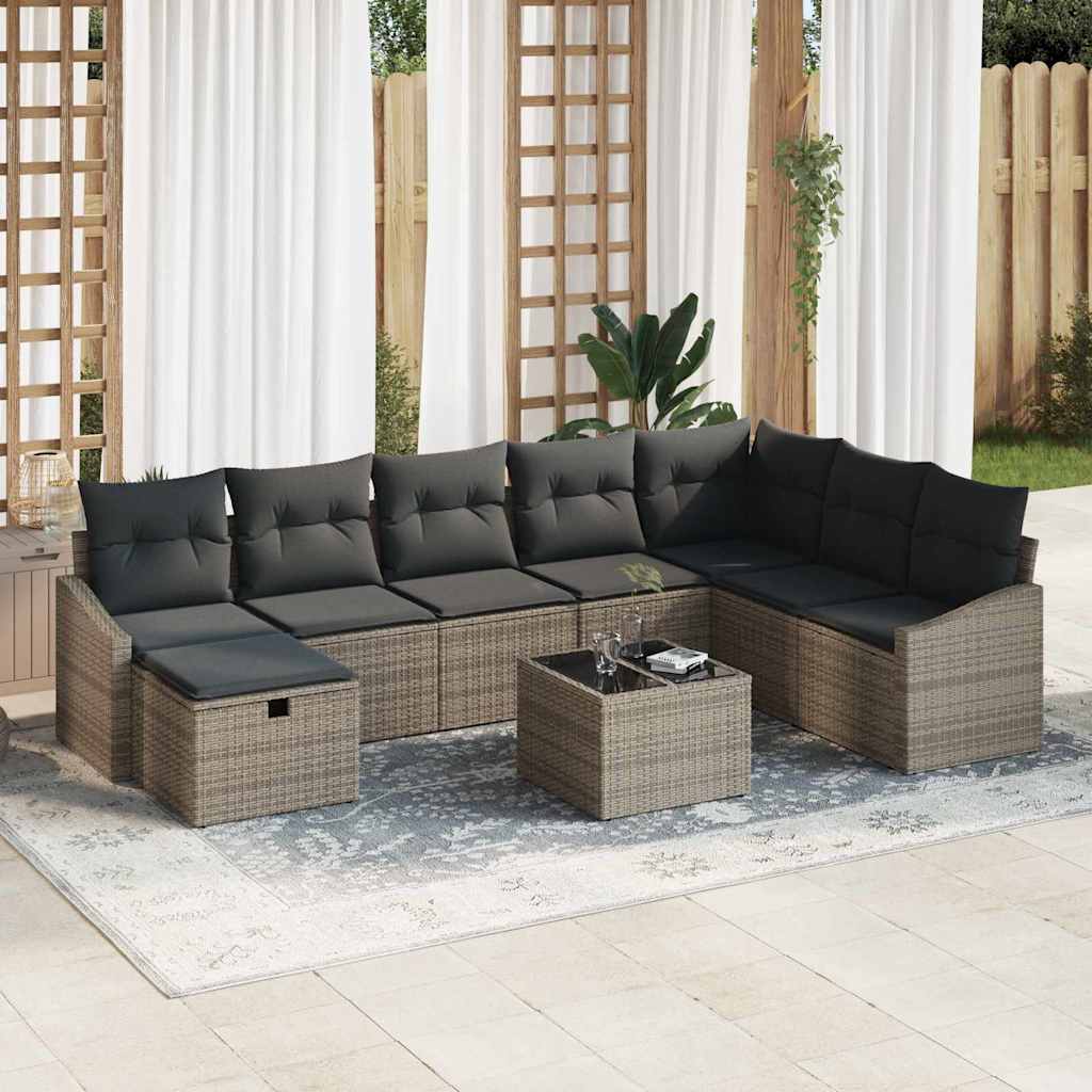 Garten-Sofa-Set mit Kissen 9 pcs Grau Poly Rattan