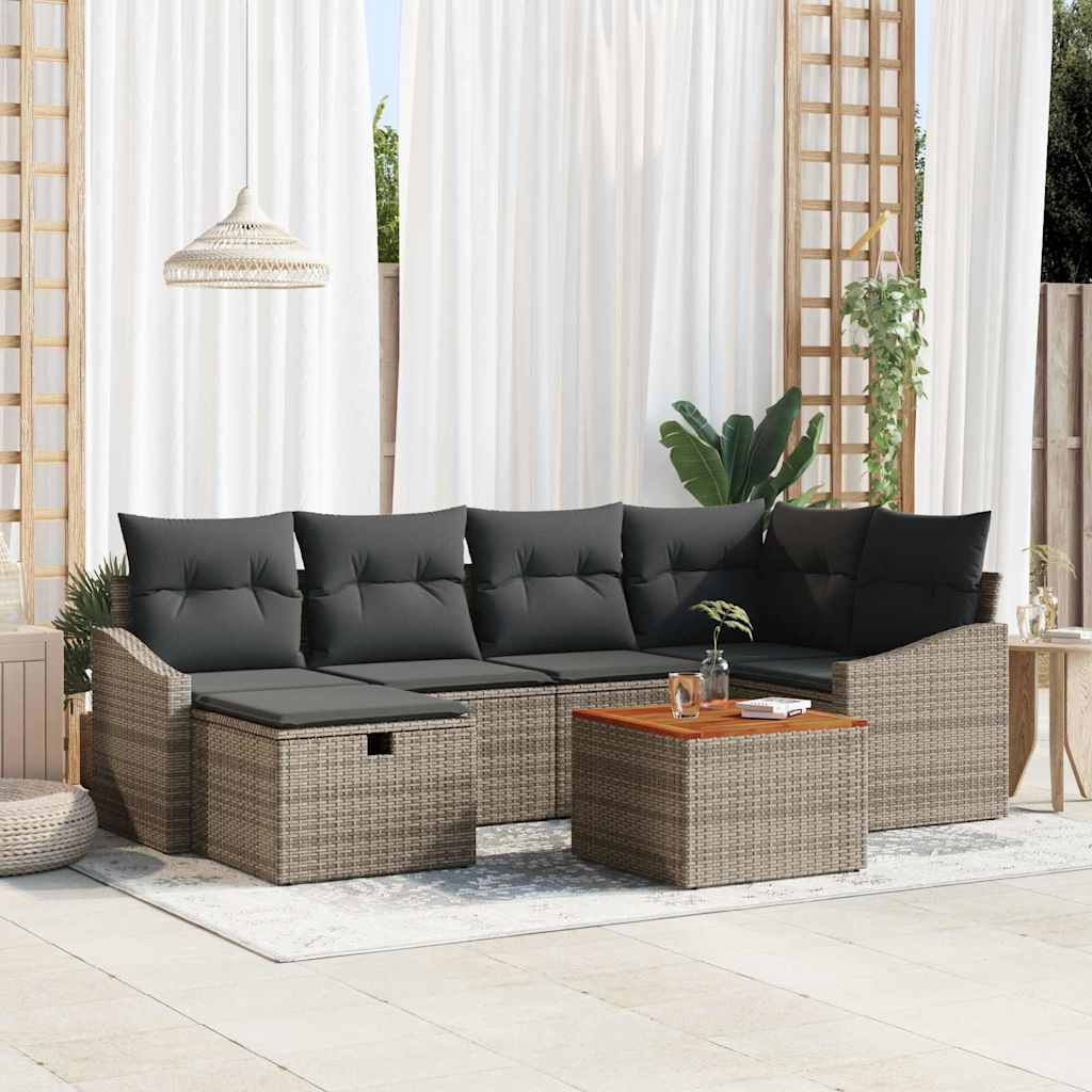 Garten-Sofa-Set mit Kissen mit Speicher 7 pcs Grau Poly Rattan