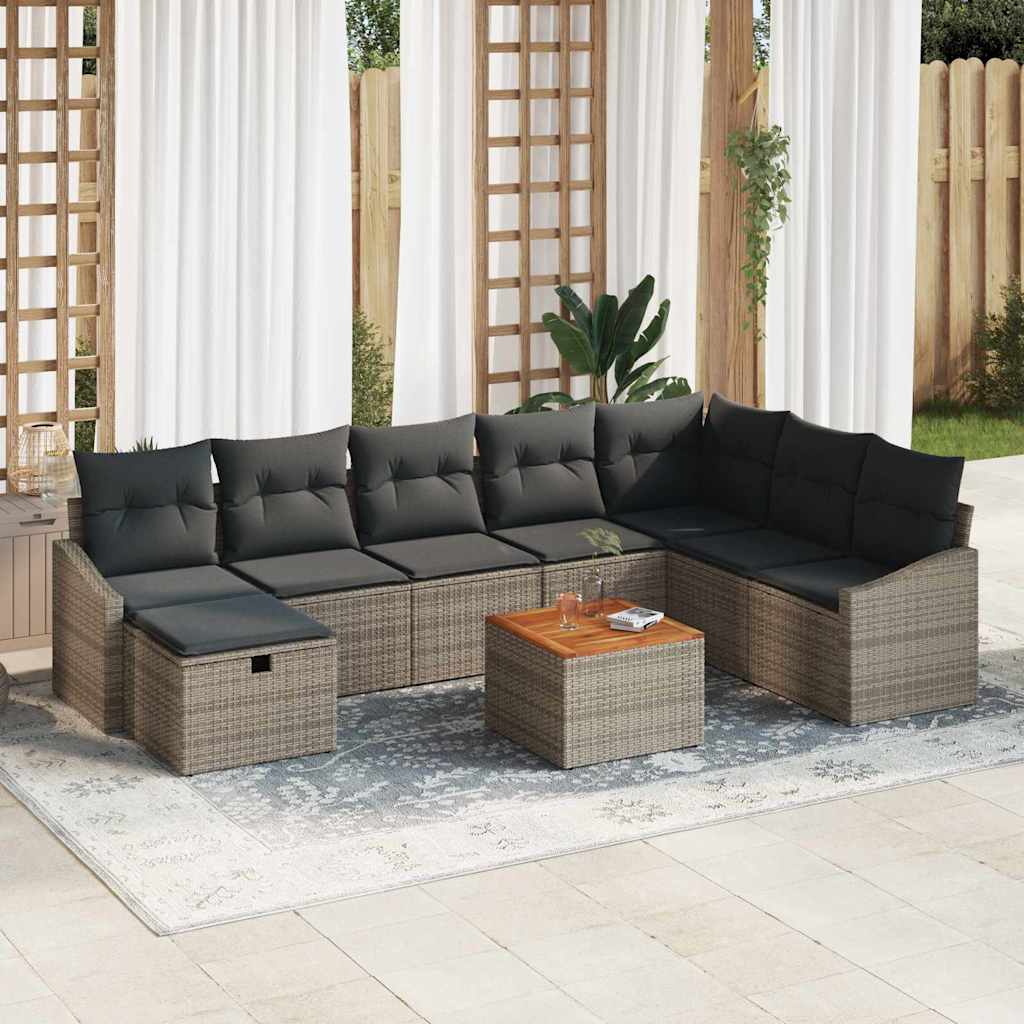 Garten-Sofa-Set mit Kissen mit Speicher 9 pcs Grau Poly Rattan
