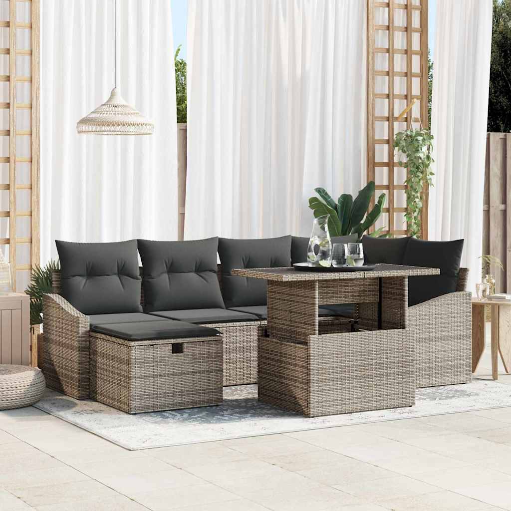 Garten-Sofa-Set mit Kissen mit Speicher 7 pcs Grau Poly Rattan