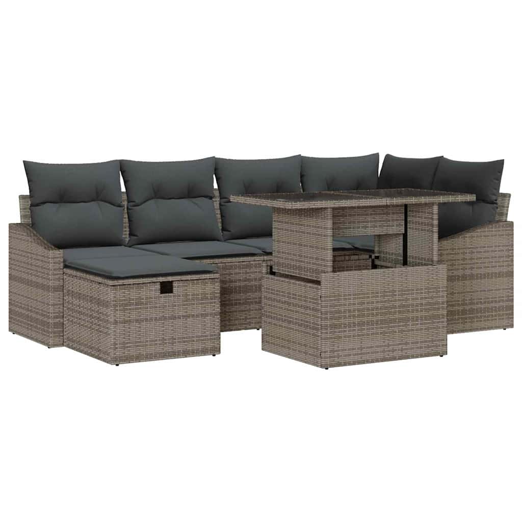 Garten-Sofa-Set mit Kissen mit Speicher 7 pcs Grau Poly Rattan