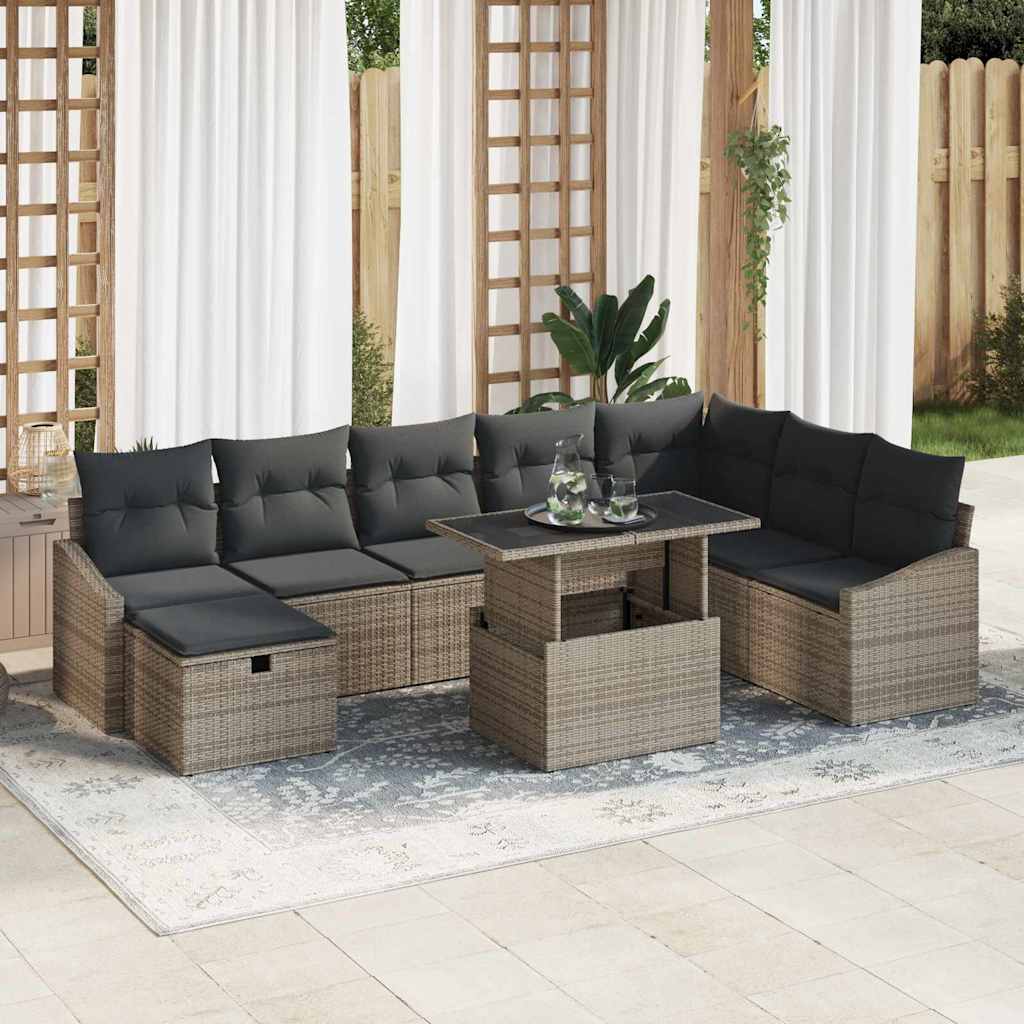 Garten-Sofa-Set mit Kissen mit Speicher 9 pcs Grau Poly Rattan