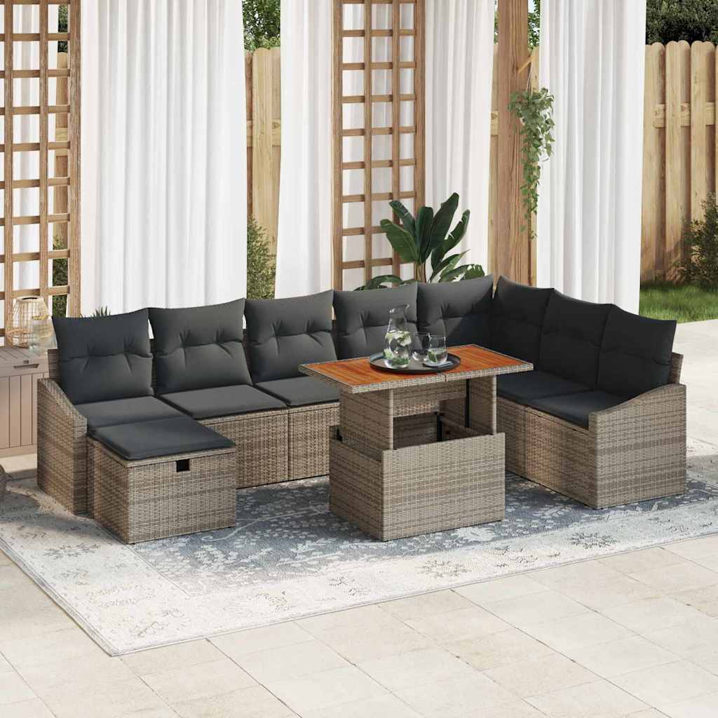Garten-Sofa-Set mit Kissen mit Speicher 9 pcs Grau Poly Rattan