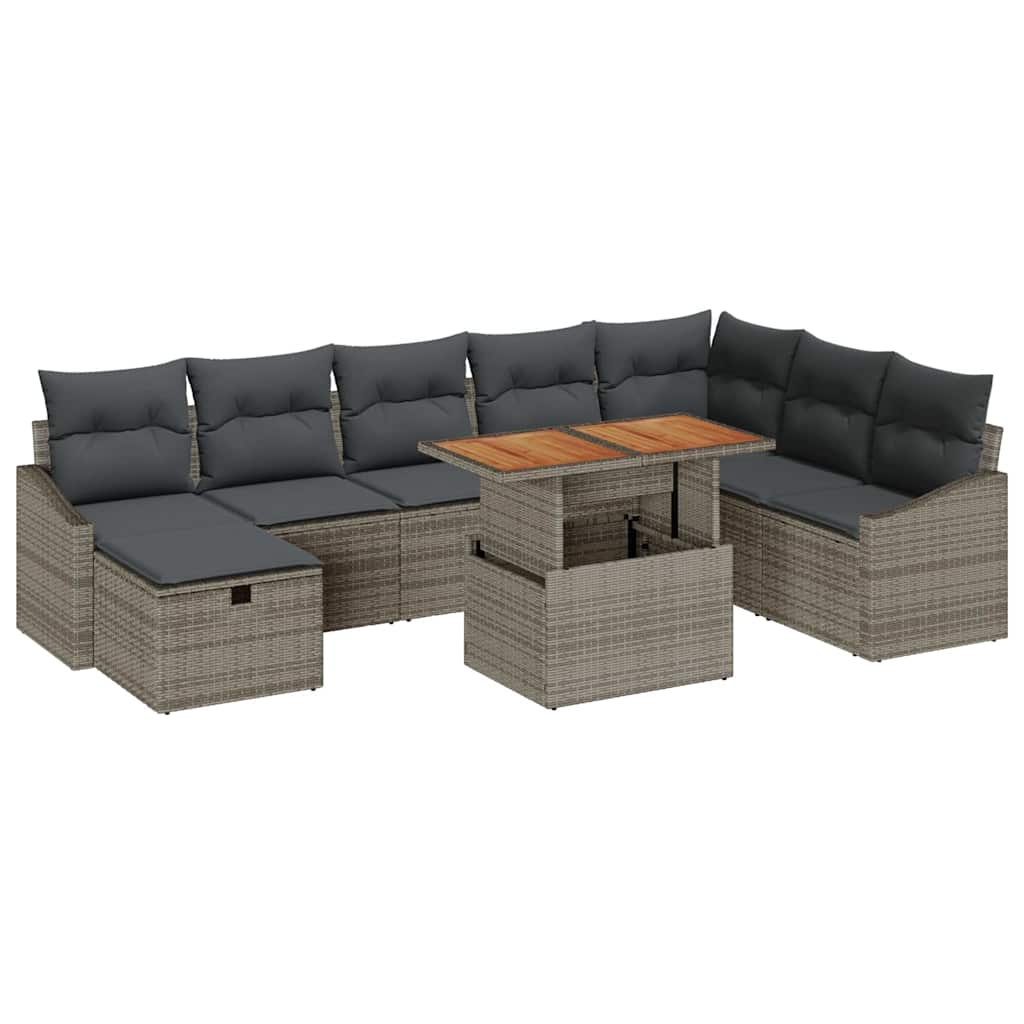 Garten-Sofa-Set mit Kissen mit Speicher 9 pcs Grau Poly Rattan