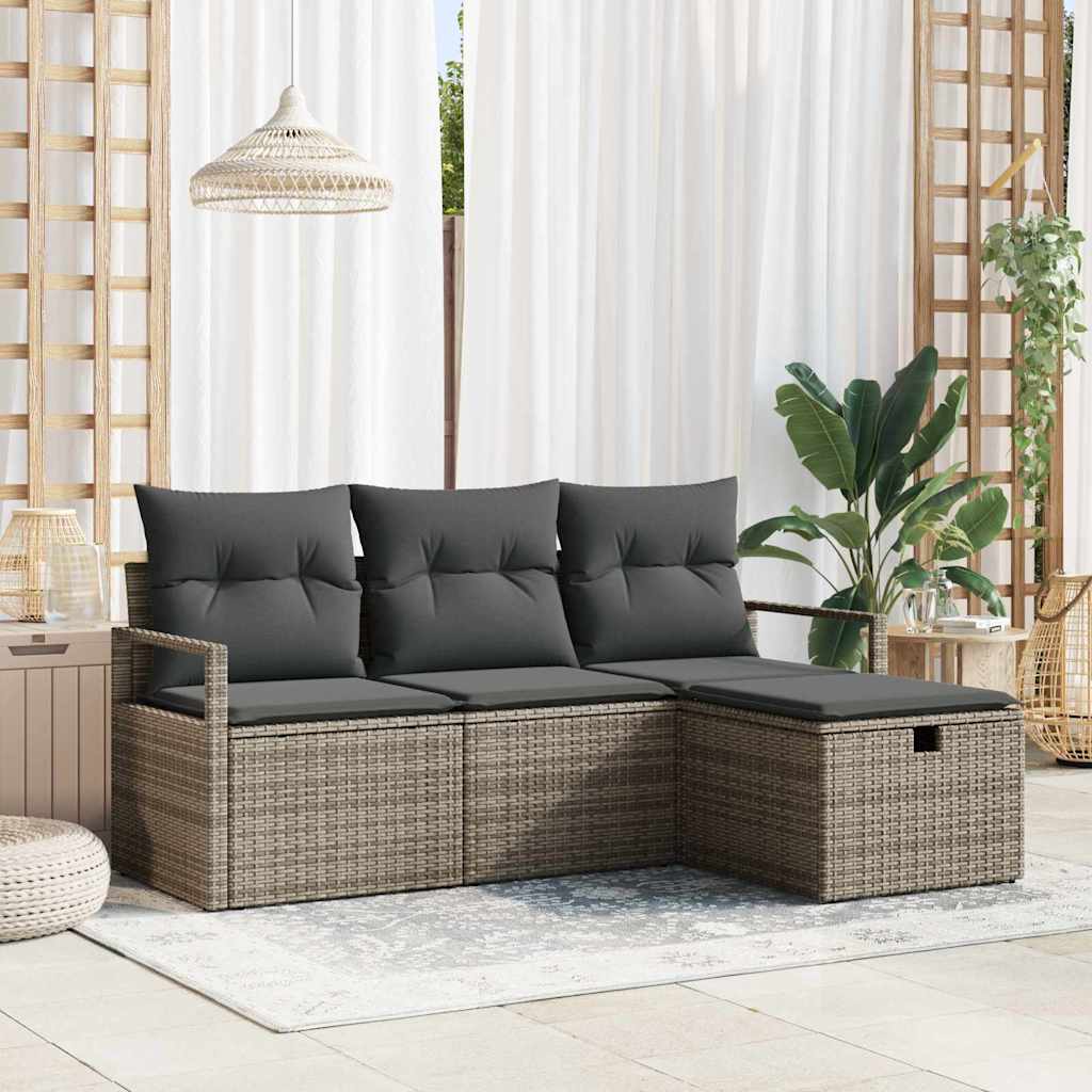 Garten-Sofa-Set mit Kissen mit Speicher 4 pcs Grau Poly Rattan
