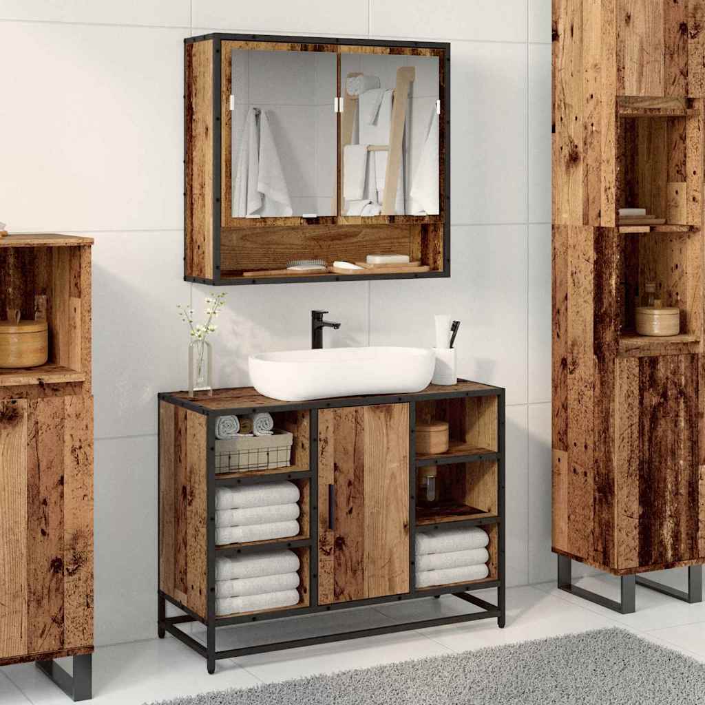 Badezimmer Waschbecken Schrank mit Tür Altholz 80 x 33 x 60 cm