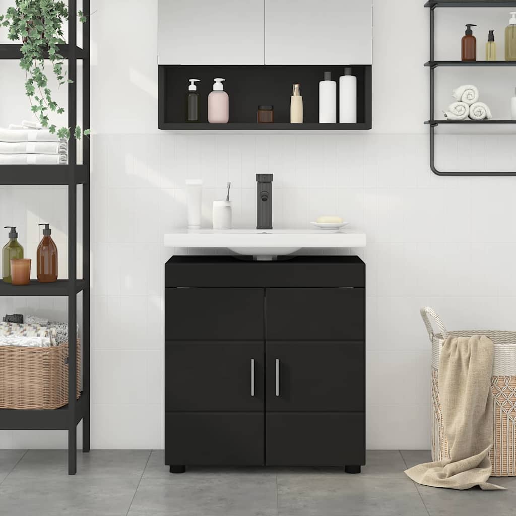 Badezimmer Waschbecken Schrank mit Tür Schwarz 60 x 34 x 63 cm