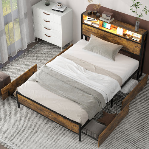Metal Bed Frame With Slatted Frame And Storage Function