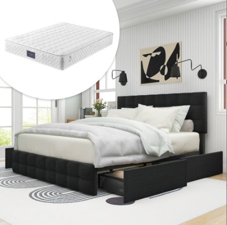 Linen Bed Frame With 4 Drawers