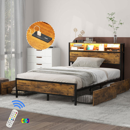 Metal Bed Frame With Slatted Frame And Storage Function