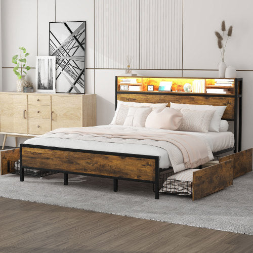 Metal Bed Frame With Slatted Frame And Storage Function