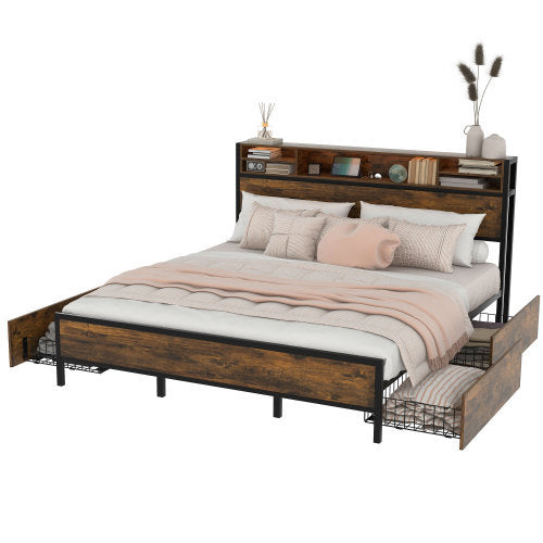 Metal Bed Frame With Slatted Frame And Storage Function