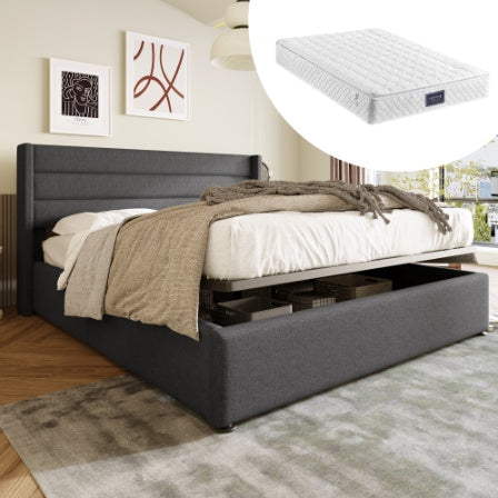 Linen Bed With Metal Frame Panels
