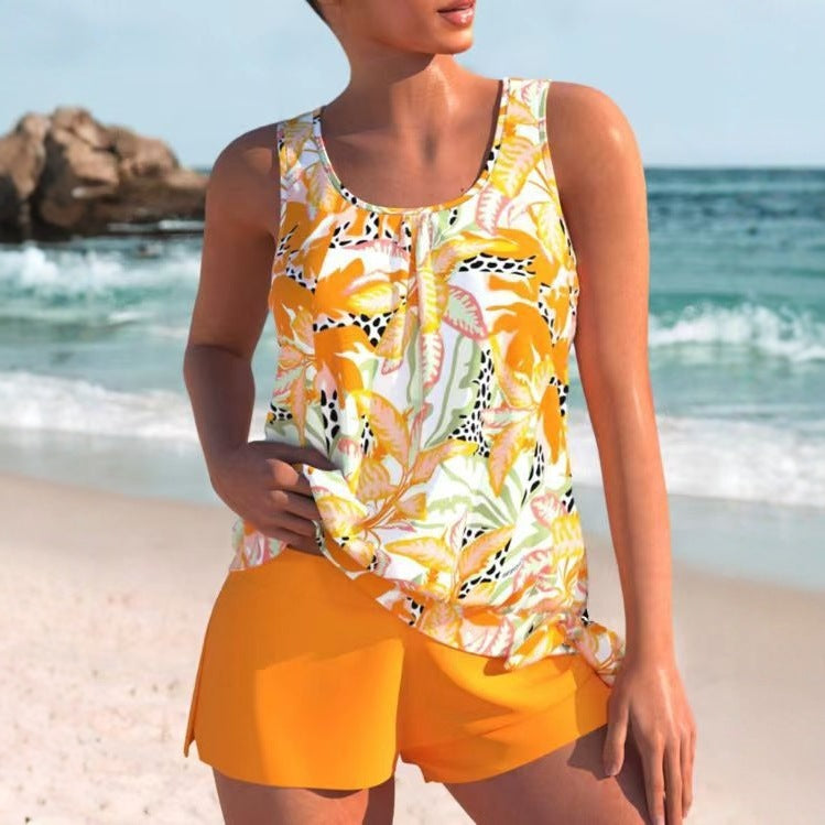 European And American Sexy Printed Drawstring Lace Boxer Swimsuit