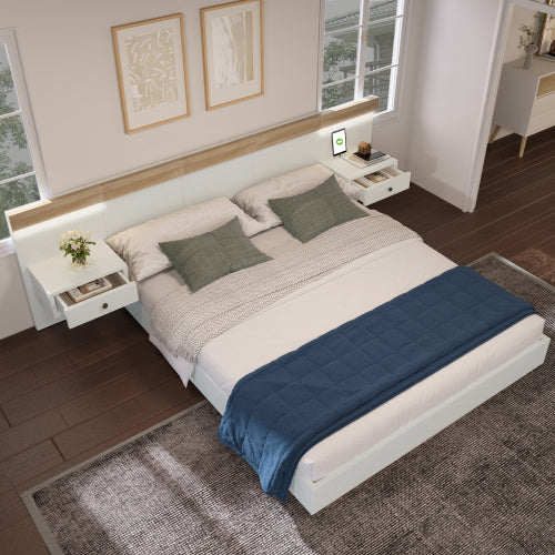 Floating Bed With Headboard In Timber Slatted Frame  Size 160x200