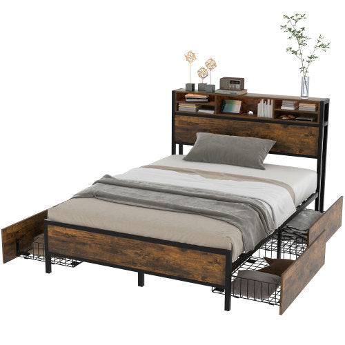 Metal Bed Frame With Slatted Frame And Storage Function