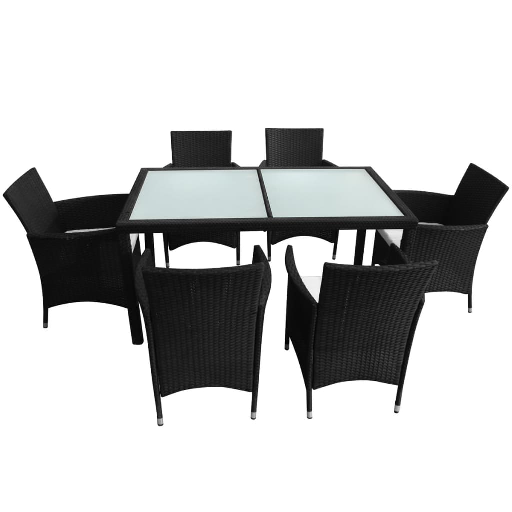 7-piece garden dining set with cushions poly rattan black