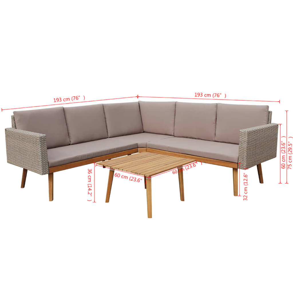 4-piece garden lounge set with cushions poly rattan grey