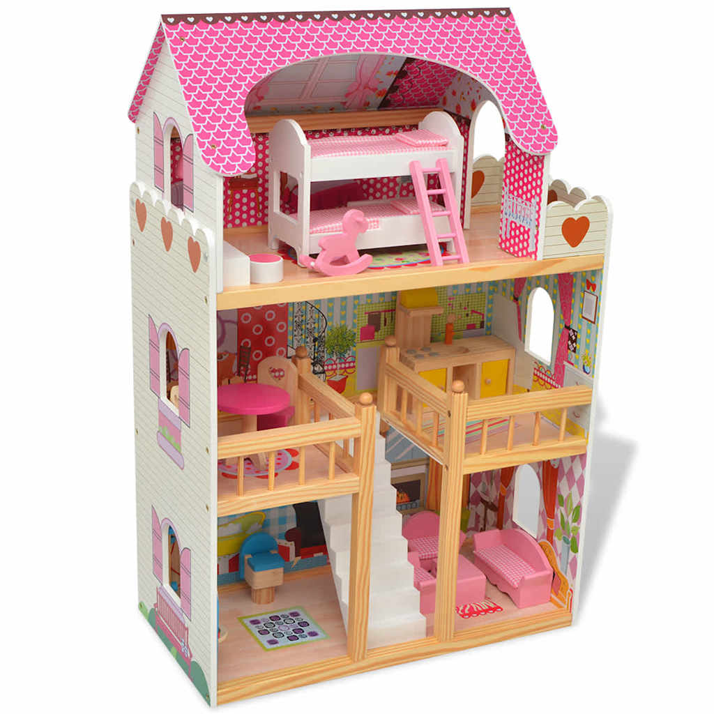 3-storey wooden dollhouse 60 x 30 x 90 cm