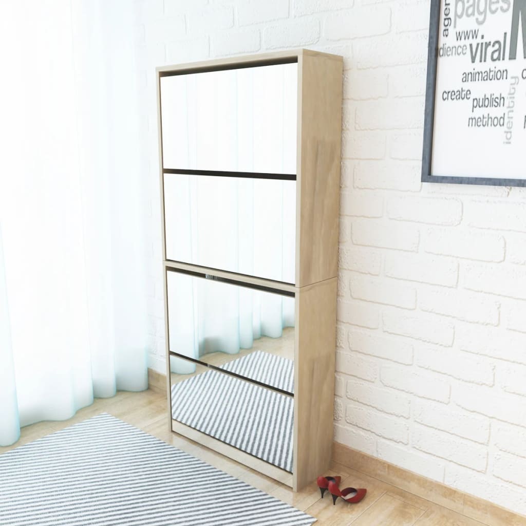 Shoe cabinet with 4 compartments, mirror oak 63×17×134 cm
