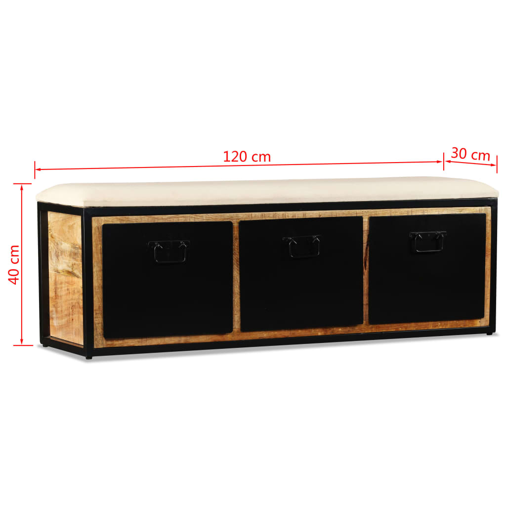 Storage bench with 3 drawers, solid mango wood, 120x30x40 cm