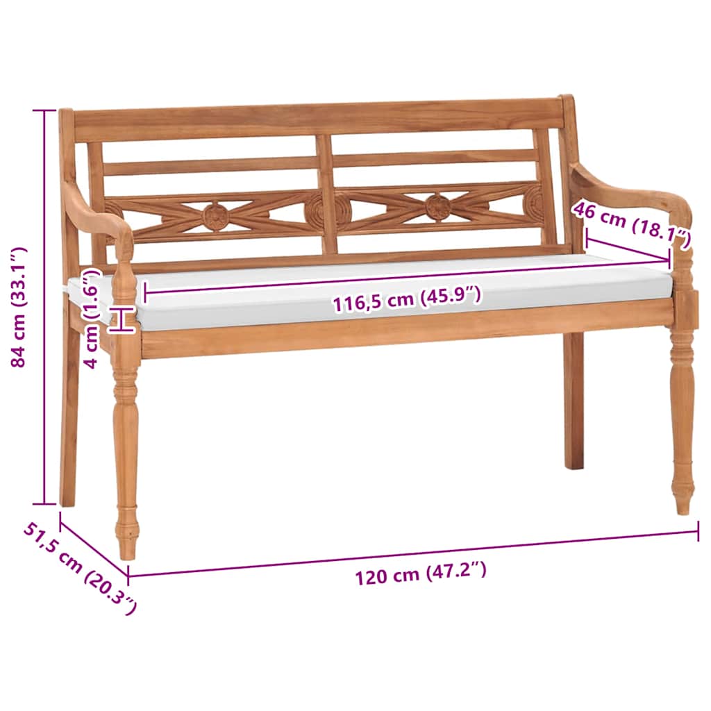 Batavia Gartenbank mit Polstern 120 cm Teak