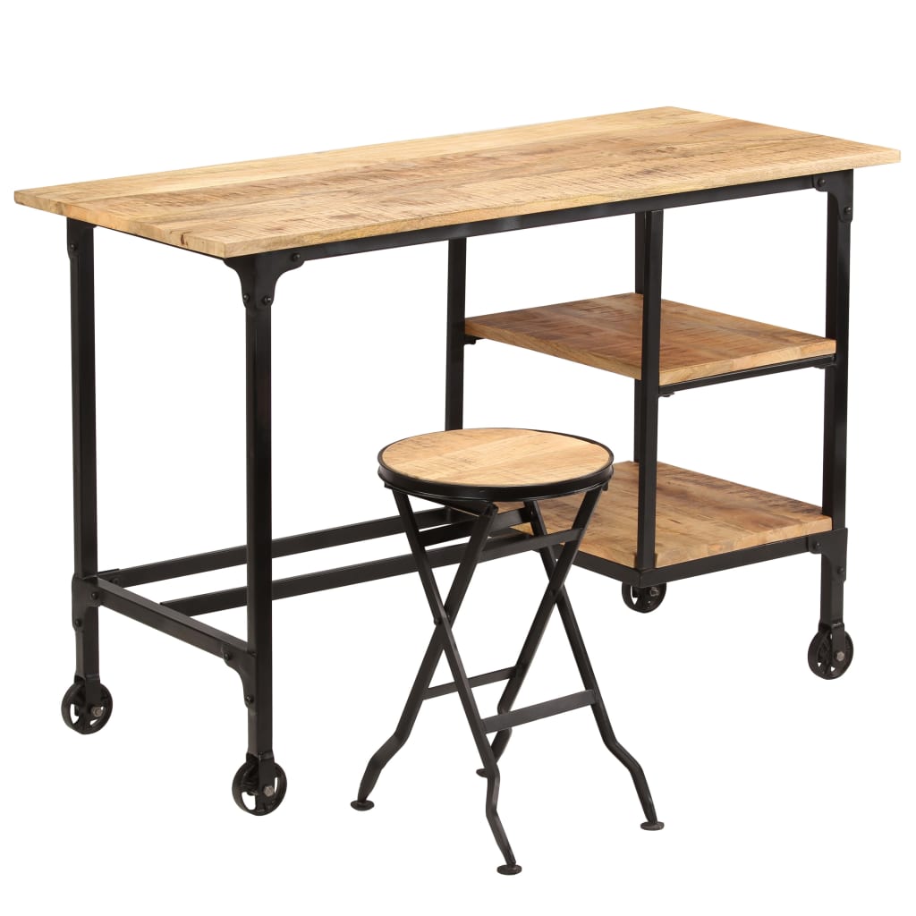 Desk with folding stool made of solid mango wood 115 x 50 x 76 cm