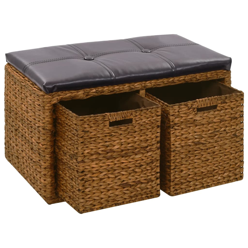 Bench with 2 baskets seagrass 71×40×42 cm brown