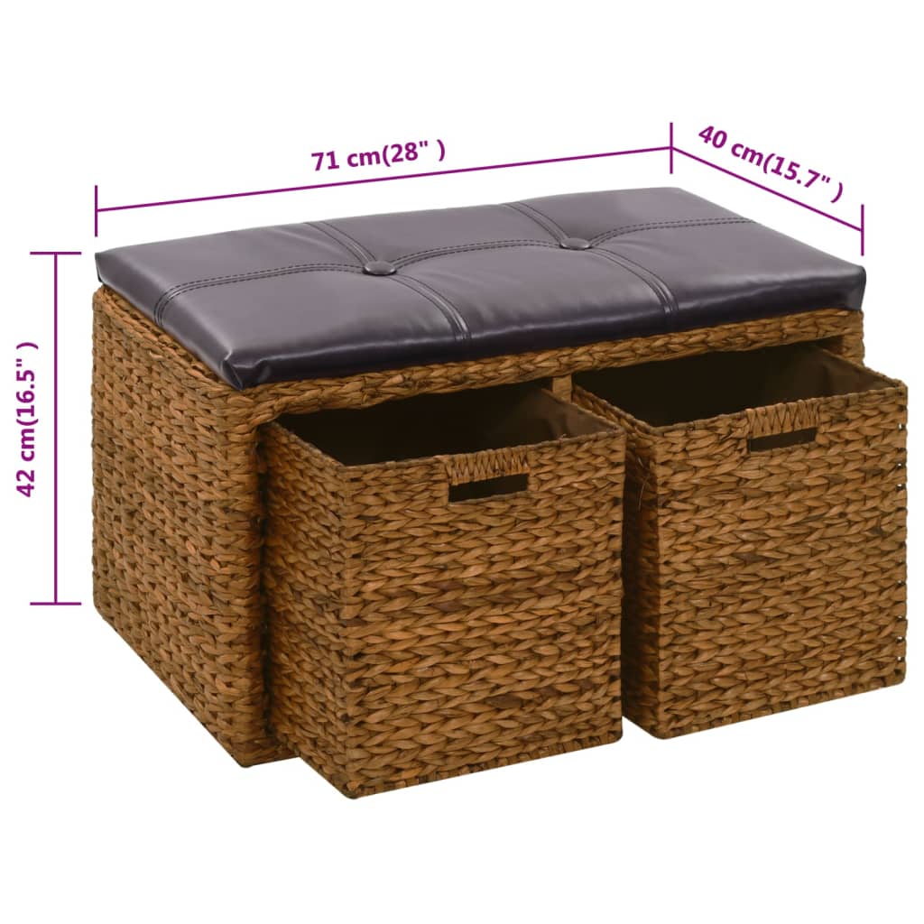 Bench with 2 baskets seagrass 71×40×42 cm brown