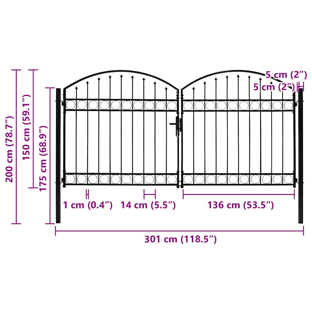 Zauntor Doppelflügel Gewölbte Spitze Stahl 300 x 150 cm Schwarz