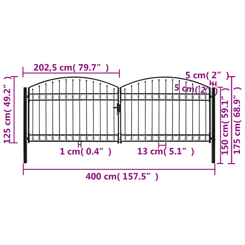 Zauntor Doppelflügel Gewölbte Spitze Stahl 400 x 125 cm Schwarz