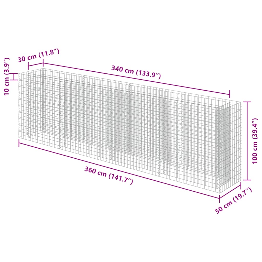Gabionen-Hochbeet Verzinkter Stahl 360×50×100 cm