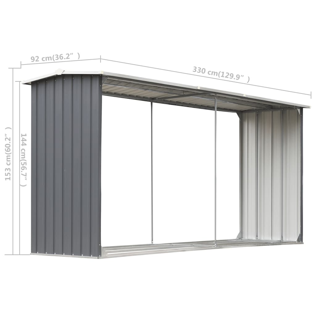 Firewood storage made of galvanized steel 330 x 92 x 153 cm Grey
