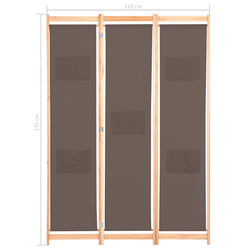 3-part room divider brown 120 x 170 x 4 cm fabric