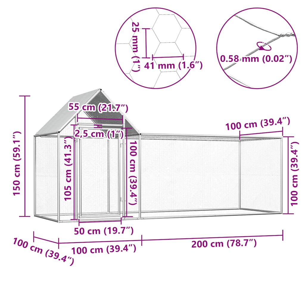 Hühnerstall 3x1x1,5 m Verzinkter Stahl