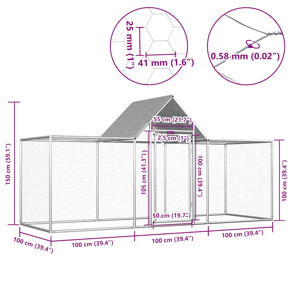 Hühnerstall 3x1x1,5 m Verzinkter Stahl