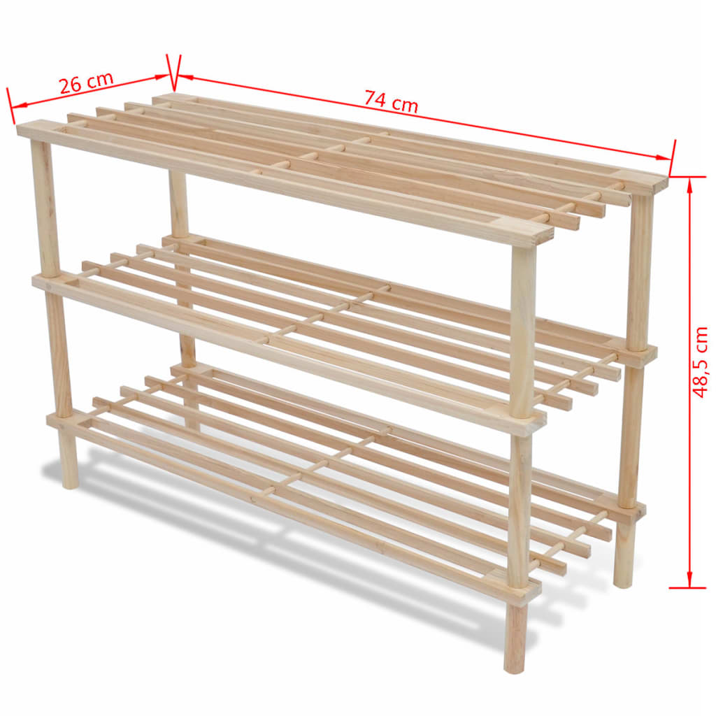 Shoe racks with 3 shelves, 2 pieces, solid fir wood