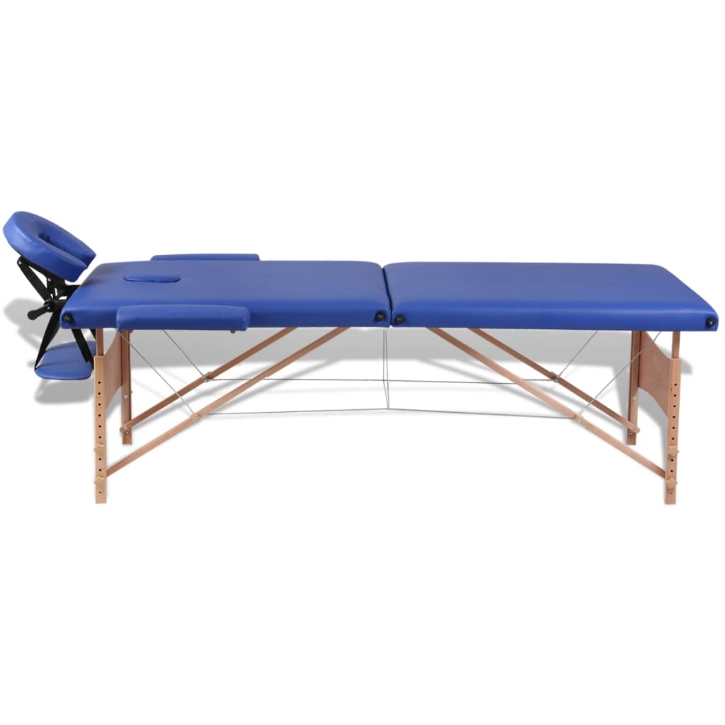 Folding 2-zone massage table with wooden frame, blue