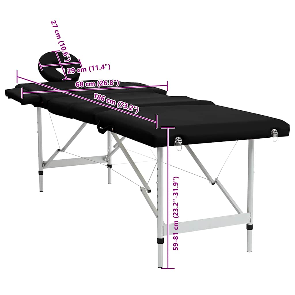 Massageliege Klappbar 4-Zonen mit Aluminiumgestell Schwarz
