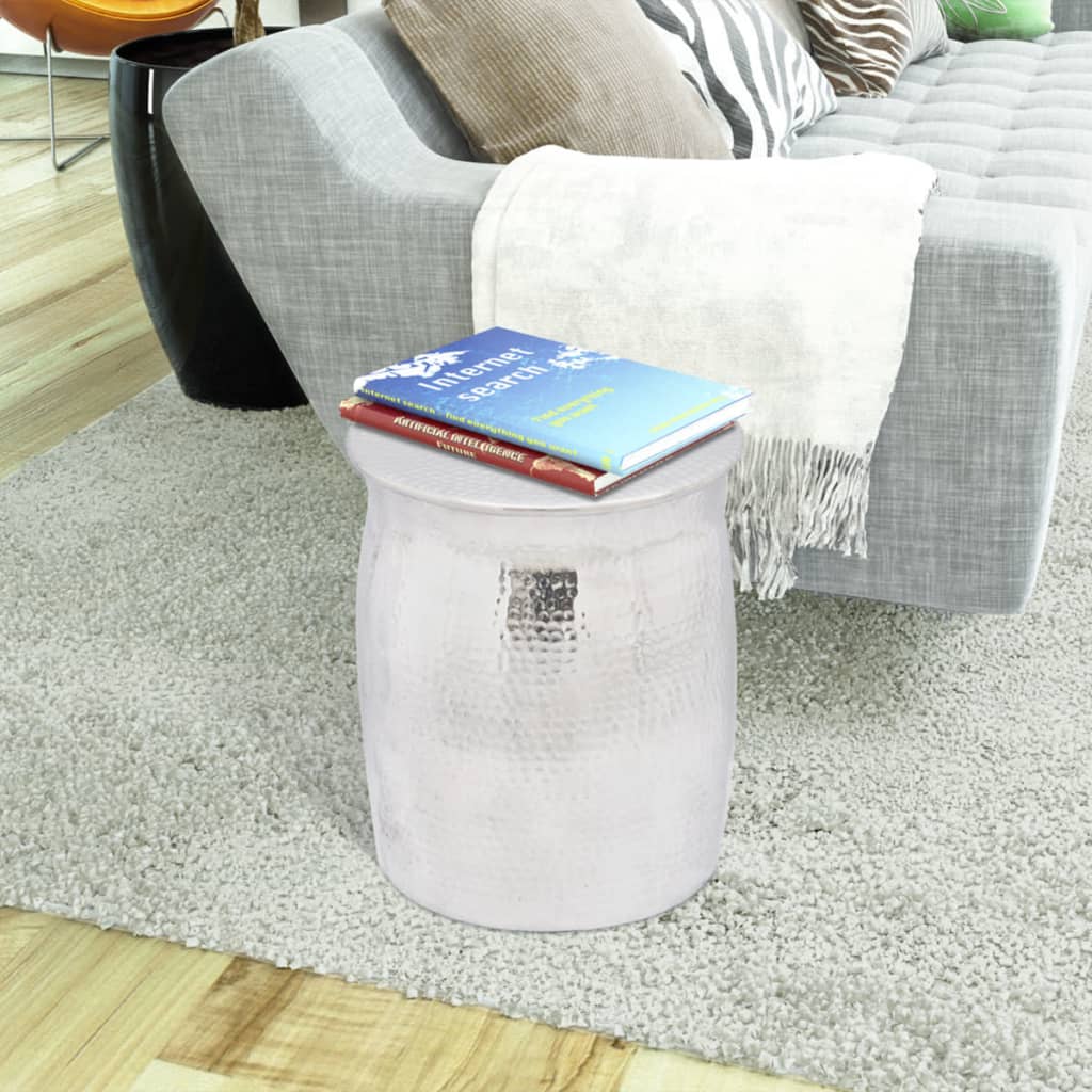 Stool/side table made of hammered aluminum silver