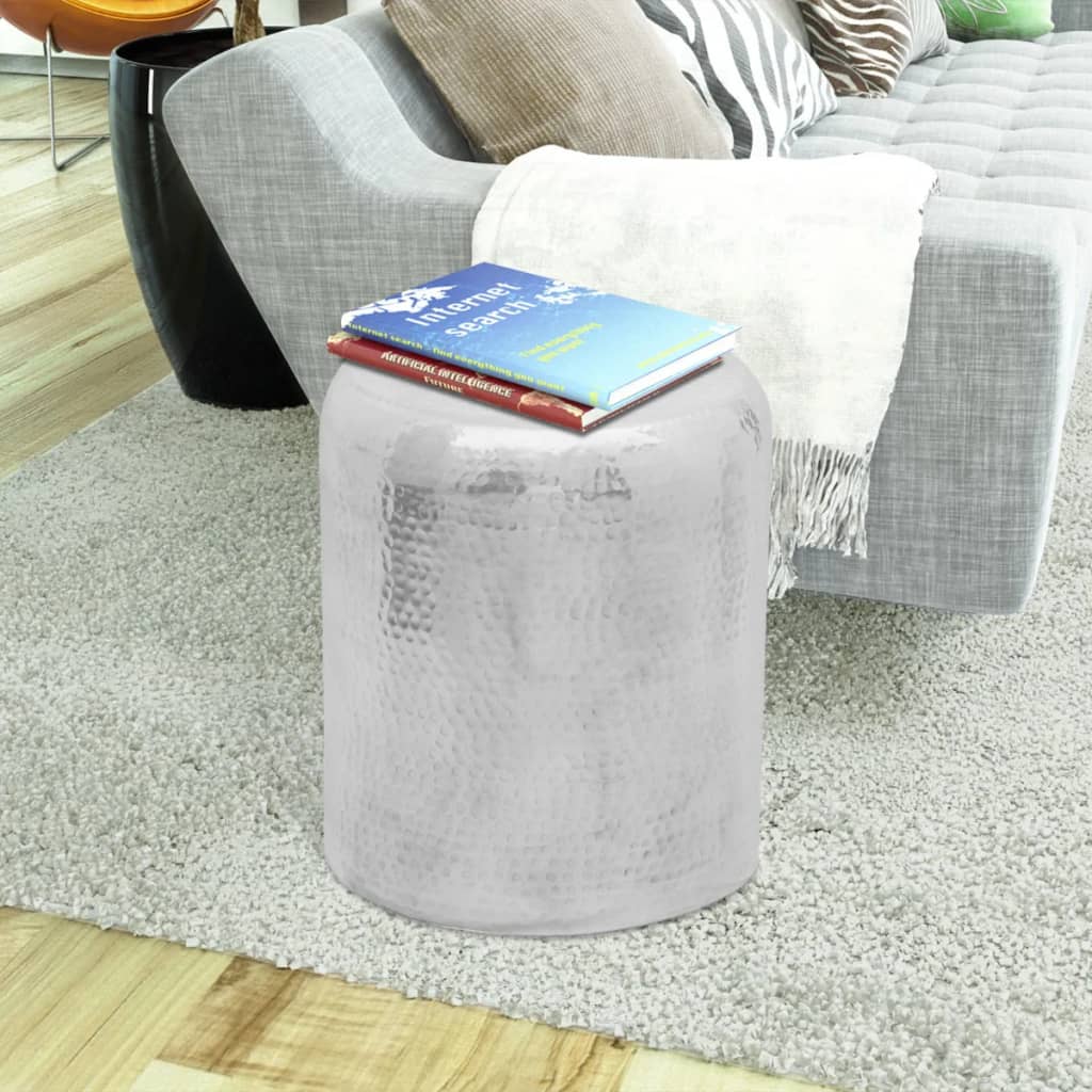 Stool/side table made of hammered aluminum silver