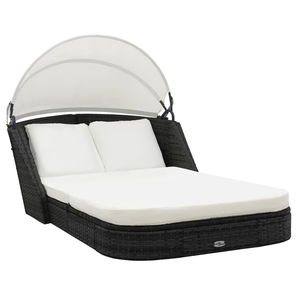 Sonnenliege mit Dach Poly Rattan Schwarz