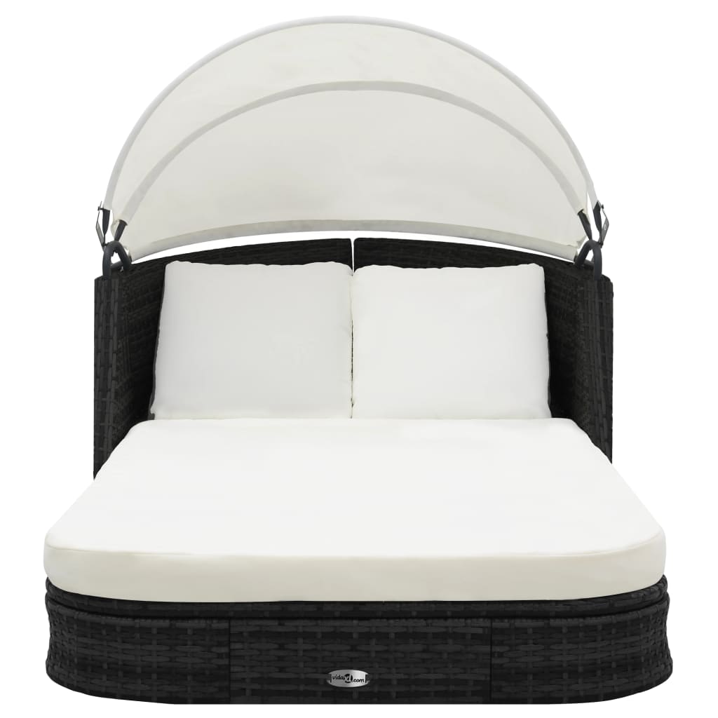 Sonnenliege mit Dach Poly Rattan Schwarz