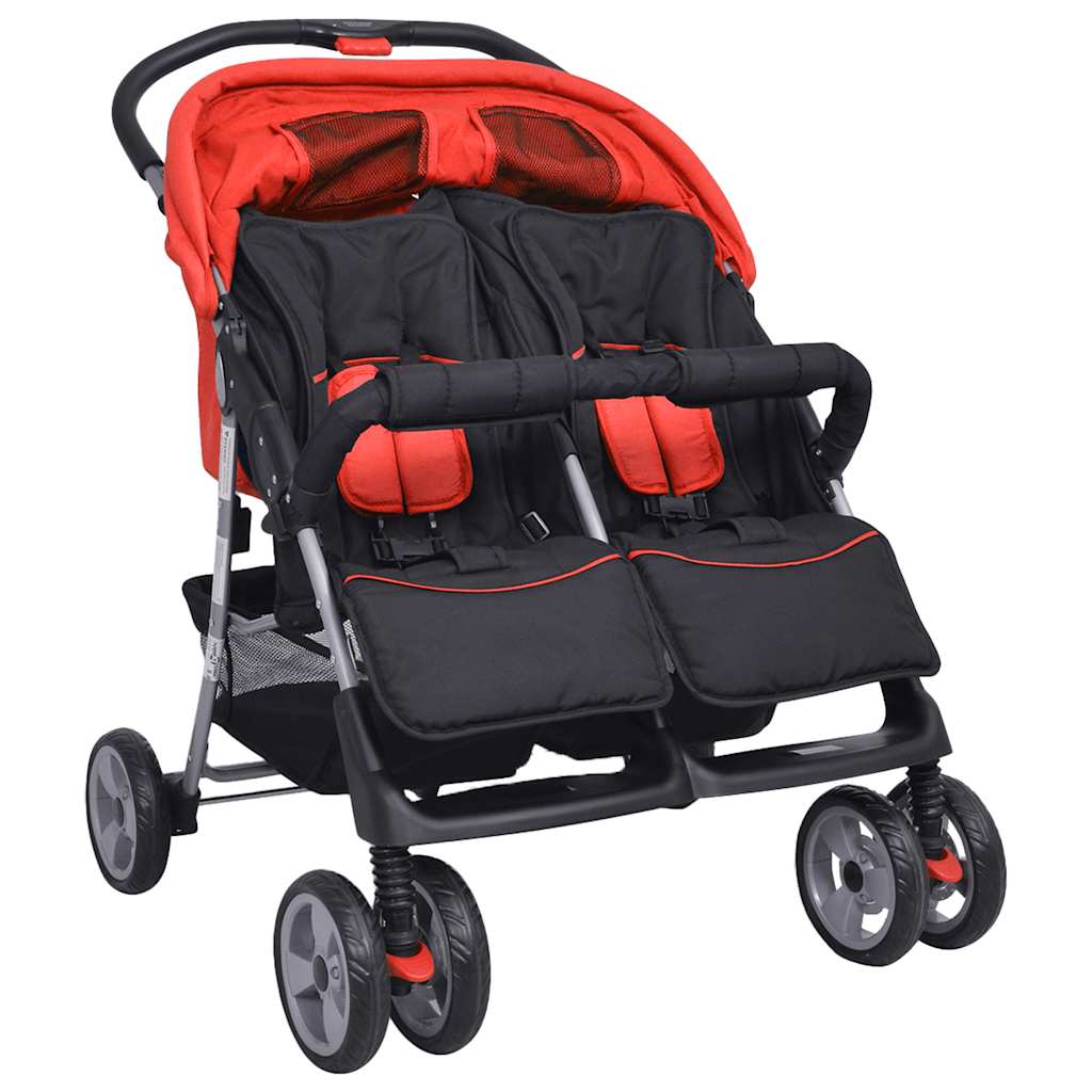 Zwillingskinderwagen Stahl Rot und Schwarz
