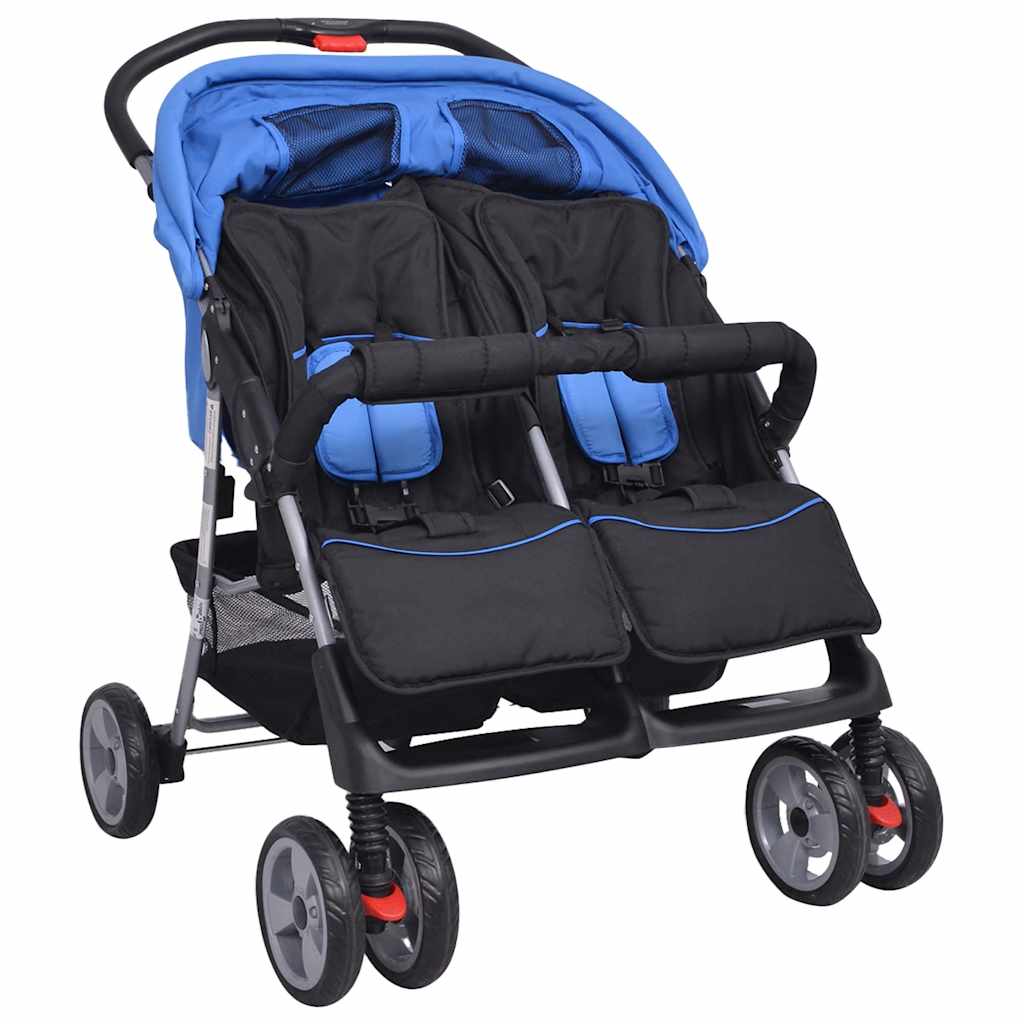 Zwillingskinderwagen Stahl Blau und Schwarz