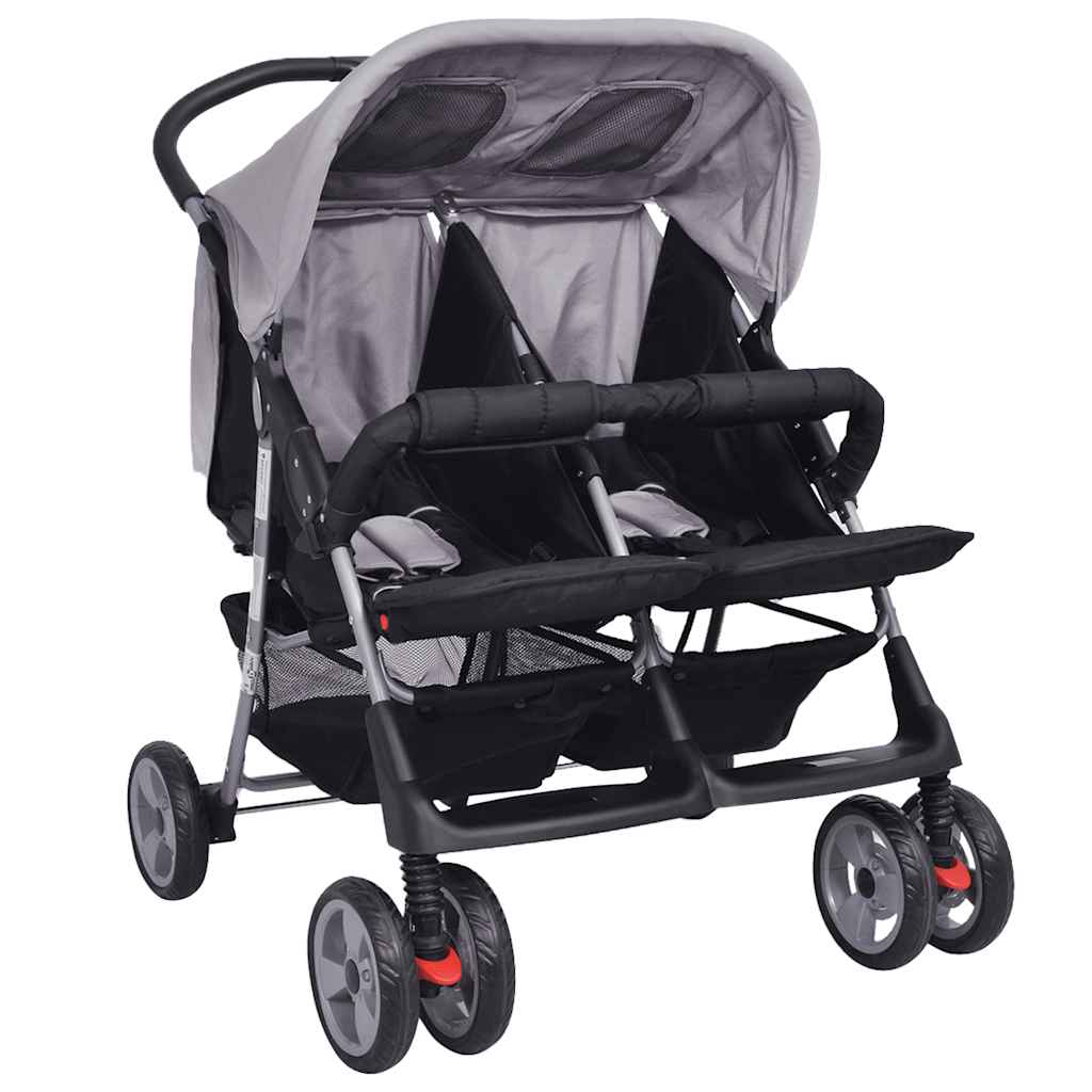 Zwillingskinderwagen Stahl Grau und Schwarz