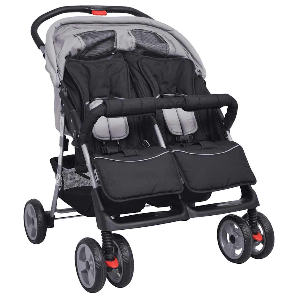 Zwillingskinderwagen Stahl Grau und Schwarz