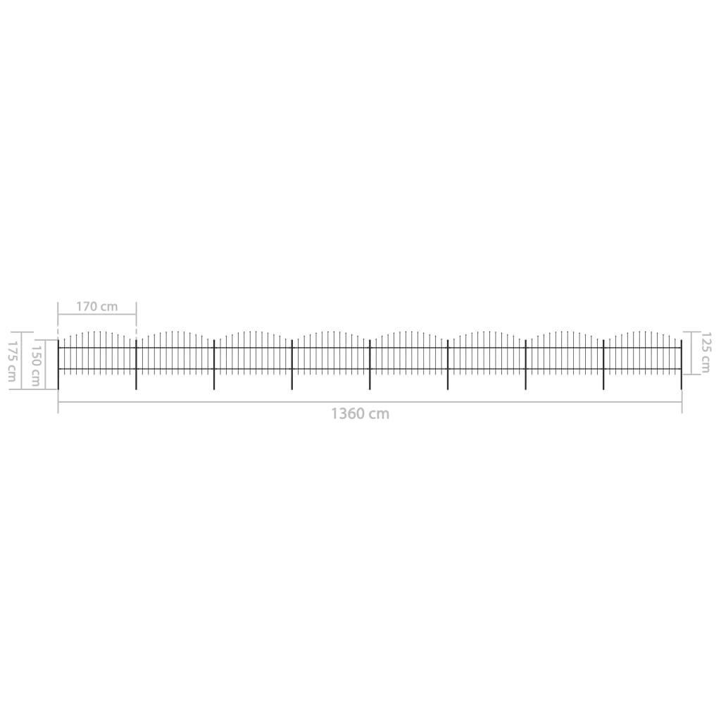 Gartenzaun mit Speerspitzen Stahl (1 - 1,25) x 13,6 m Schwarz